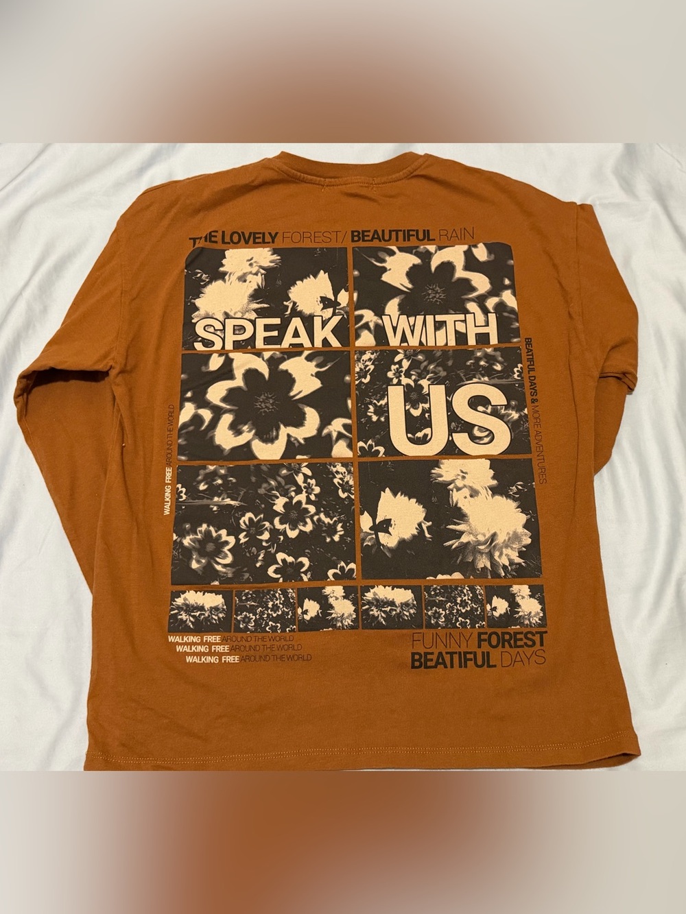 Zara Rust Orange Long Sleeve Tee with Cream Floral Graphic